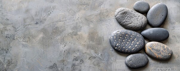 Poster - Seven smooth grey spa stones arranged on a textured grey background with copy space