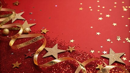 Festive red and gold background with twinkling stars and glitter, , gold, beautiful scene, joyful feel