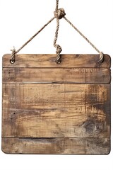 Aufkleber - Rustic wooden sign suspended with ropes on a white backdrop