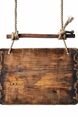 Aufkleber - Blank wooden sign hanging on ropes is isolated on a white background