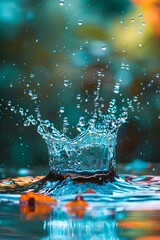 Poster - Upward splashing water forms a crown shape with droplets cascading down against a vibrant, blurred backdrop