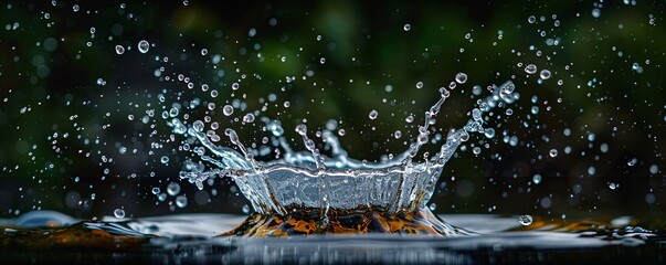 Poster - Beautiful droplets forming a crown-shaped splash on water's surface against a dark background