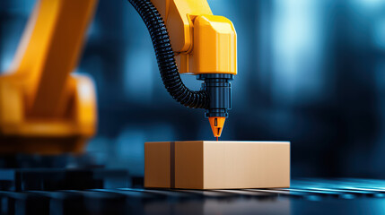 Poster - Automated robotic arm packaging box in manufacturing setting