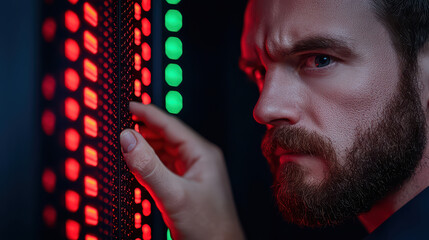 Poster - Intense man monitoring cyberattack simulation with red and green lights