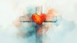 © Faith Stock - Watercolor illustration of a wooden cross with a glowing red heart entwined at its center, surrounded by pastel swirls forming soft clouds.