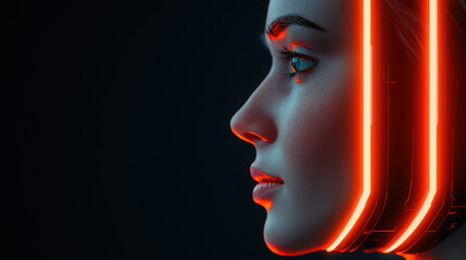 Poster - futuristic profile of woman with glowing neon accents, showcasing technology