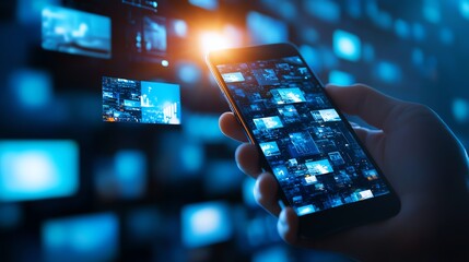 Poster - A close-up view of a hand holding a smartphone displaying multiple media images, showcasing digital innovation and connectivity against a blue backdrop.