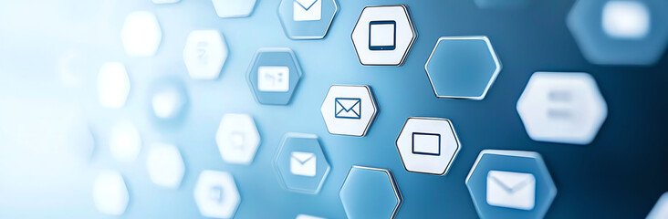 Poster - A close-up view of digital icons on a blue background featuring hexagonal shapes, representing modern communication and technology concepts, illustrated in a visually appealing sty