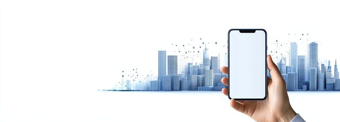 Aufkleber - A hand holding a smartphone against a skyline background, showcasing modern technology and connectivity in a digital world.