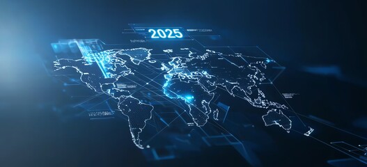 Aufkleber - A futuristic digital world map displaying the year 2025, highlighted with glowing lines and data points, representing global connectivity and technological advancement.