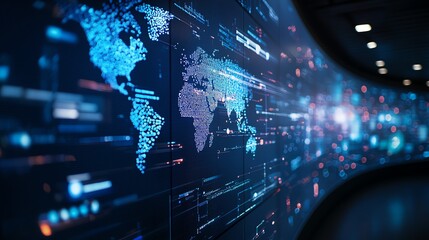 Aufkleber - A futuristic representation of the world map with a digital display showcasing data visualization and connectivity. A visually appealing tech backdrop suitable for various themes.