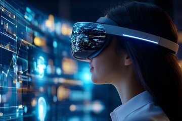 Aufkleber - A woman wearing futuristic virtual reality goggles, immersed in a digital interface with glowing graphics, illustrating advanced technology and innovation in a modern environment.