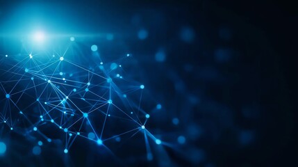 Poster - Abstract blue digital network with glowing points and lines converging. Represents connectivity and modern technology.