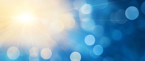 Poster - Abstract blue background with soft bokeh lights and bright sun rays creating a serene and calming atmosphere. Ideal for design projects and creative applications.