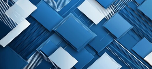 Poster - Abstract blue geometric shapes arranged in a layered composition, highlighting depth and structure, ideal for modern design and digital backgrounds.