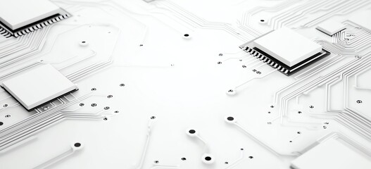 Poster - Abstract circuit board design featuring multiple microchips and intricate pathways on a white background.