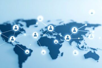 Poster - Abstract digital world map with connected user icons representing global networking and communication. Blue tones create a modern and professional aesthetic.