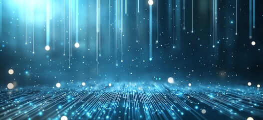 Poster - Futuristic blue abstract background with glowing lines and dots, creating a sense of depth and movement. Ideal for tech-related designs and digital themes.