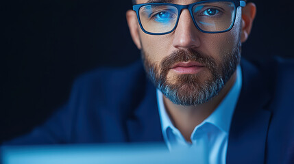 Poster - Focused businessman with glasses working on laptop in dark setting