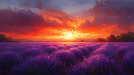 Wall Mural - Sunset over lavender field, fiery sky, rural scene, postcard