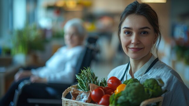 A young woman stands proudly with a basket of fresh vegetables, showcasing her care for healthy living while providing support to a senior individual in the background.
