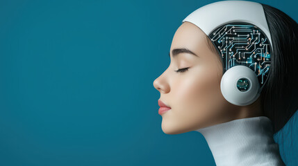 Poster - futuristic woman with robotic head design, showcasing AI technology