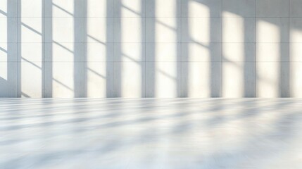 Poster - A spacious interior featuring soft light casting long shadows on the floor from large windows. Ideal for modern design themes, showcasing minimalism and tranquility.
