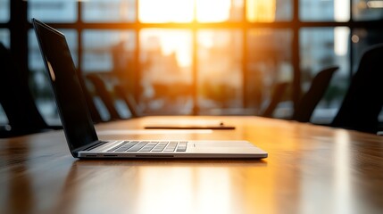 Poster - A laptop sits on a wooden conference table, with a warm sunset casting light through large windows, creating a productive and inspiring work environment.