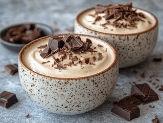 Two cups of classic hot chocolate with whipped cream and chocolate chips