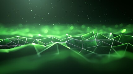 Poster - An abstract digital landscape featuring green waves and geometric patterns, creating a futuristic and tech-inspired atmosphere.