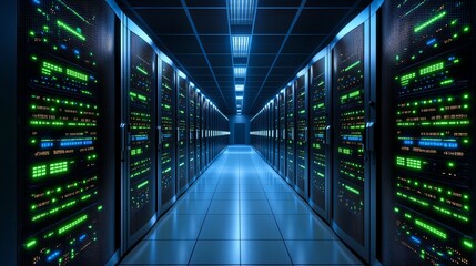 Poster - A futuristic data center showcasing rows of servers with illuminated panels, highlighting the advanced technology and systems used for data storage and management.