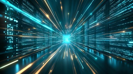 Poster - A futuristic digital tunnel featuring vibrant blue and orange light streaks, conveying rapid movement through a high-tech environment with a glowing center.