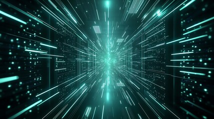 Poster - A futuristic digital landscape showing a stream of glowing particles and light beams, creating a sense of depth and motion in a high-tech environment.