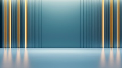 Poster - Abstract background featuring soft blue walls with vertical golden lines and a smooth floor, perfect for presentations, displays, or creative projects.