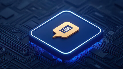 Poster - sleek chatbot icon on circuit board background, symbolizing e commerce