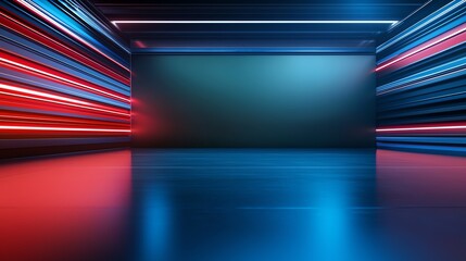Poster - A futuristic space with vibrant red and blue light streaks against a dark background, creating a dynamic and energetic atmosphere. Ideal for technology and design themes.