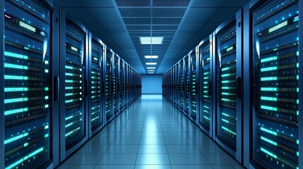 Poster - a futuristic data center with rows of server racks illuminated by blue led lights, creating a high-t