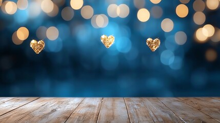 Poster - A dreamy scene featuring shimmering golden hearts against a soft blue bokeh background, evoking feelings of love and warmth. Perfect for romantic and festive themes.