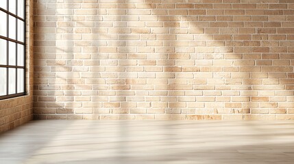Poster - Bright and airy interior with light wooden flooring and a brick wall, creating a warm atmosphere. Natural sunlight streams in through large windows, enhancing the serene ambiance.