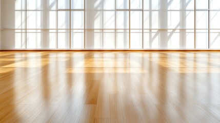 Poster - A spacious, brightly lit interior featuring polished wooden flooring and large windows, creating a warm and inviting atmosphere perfect for various activities.