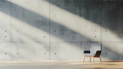 Poster - Minimalist interior featuring a modern chair against a textured concrete wall, illuminated by soft natural light creating a serene atmosphere.
