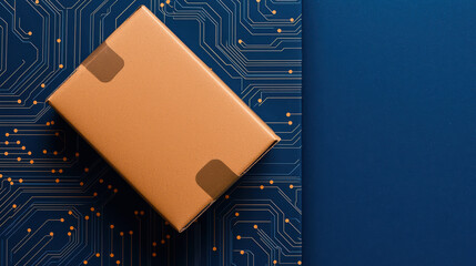 Poster - Brown packaging box on blue circuit board background, showcasing modern design