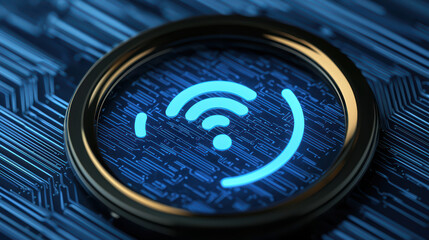 Poster - Wireless technology symbol on circuit board background, representing connectivity