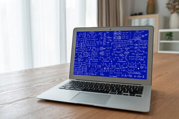 Poster - mathematic equations and modish formula on computer screen showing concept of science and education