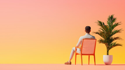 Poster - man sits on chair, gazing at vibrant sunset background with plant nearby