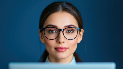 Poster - Focused woman with glasses working on laptop in modern office