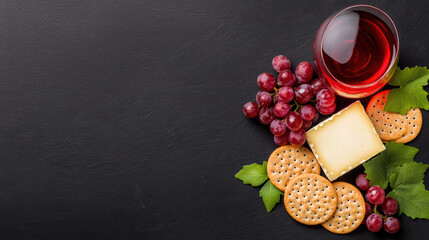 Cheese, grapes, and crackers arranged with red wine on dark background