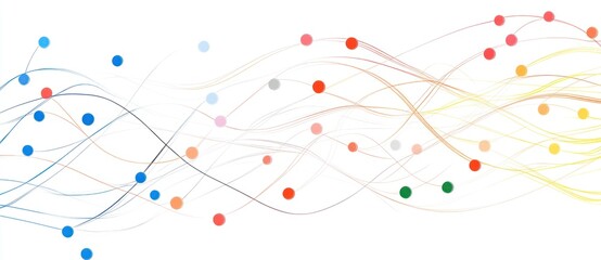 Poster - Colorful dots in varying hues are interconnected by smooth, curved lines, creating an abstract pattern against a pure white background. The design evokes a sense of movement and flow
