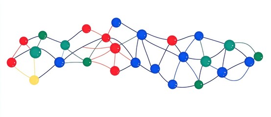 Poster - Colorful dots in red, blue, green, and yellow are interconnected by curved black lines, creating an intricate abstract design against a clean white backdrop