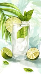 Wall Mural - Iced lime mint drink, tropical leaves background, summer refreshment, menu design